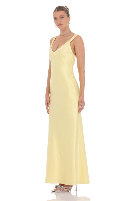 Satin Open Back Maxi Dress in Yellow