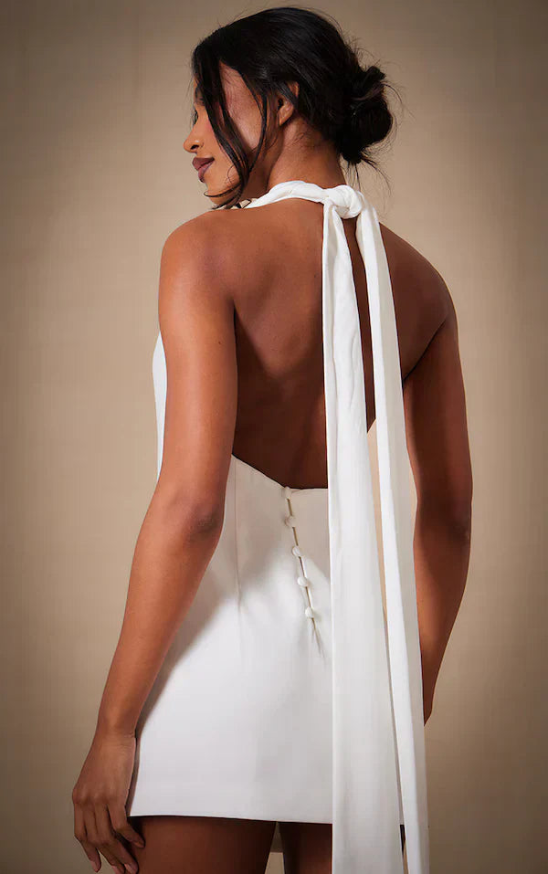 Premium White Woven Tie Halter Neck Dress