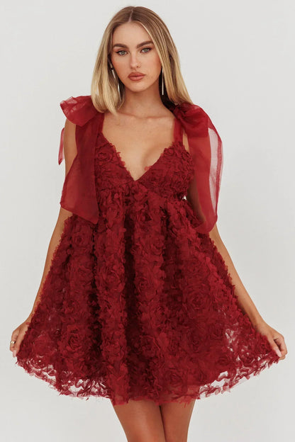 Lisette Tied Shoulder Embellished Mini Dress Wine