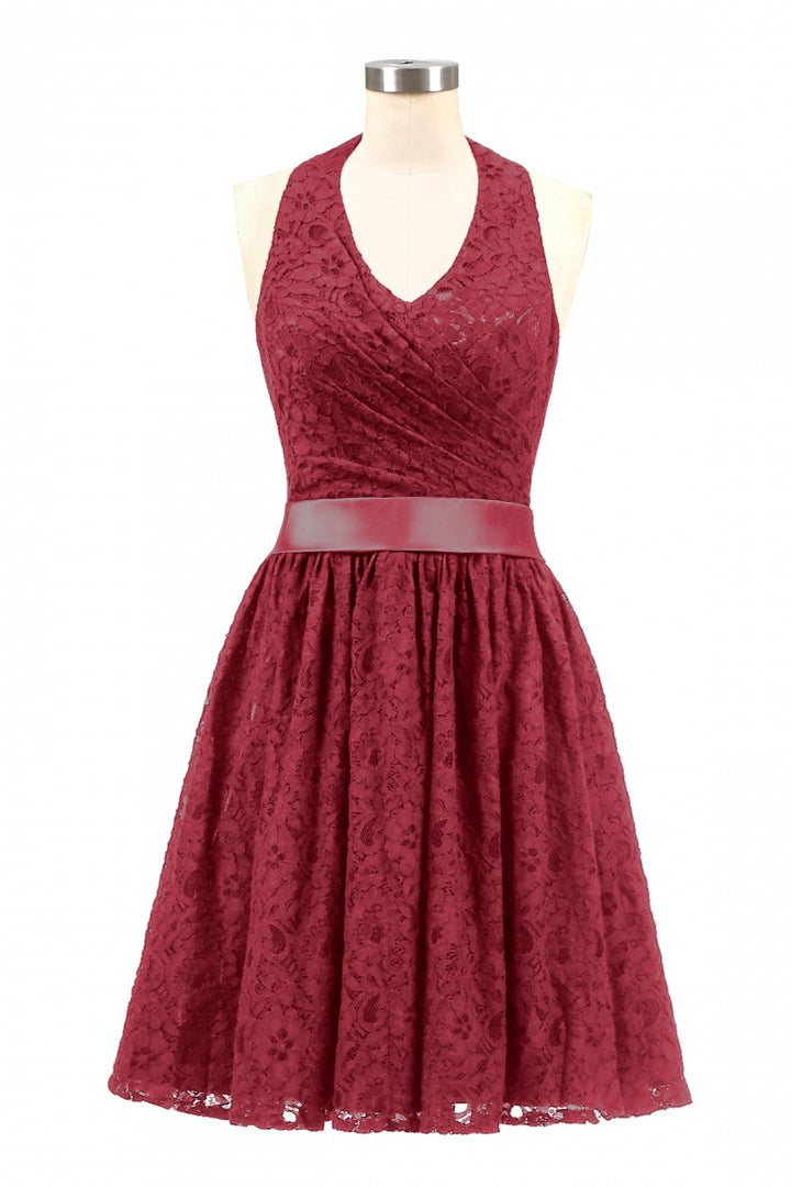 Halter Blue Lace Short A-line Bridesmaid Dress