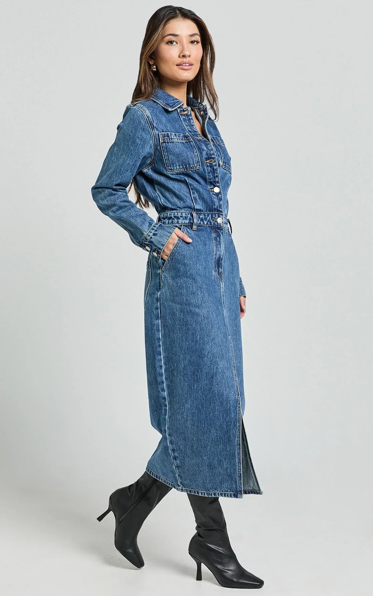 Alison Midi Dress - Long Sleeve Front Split Denim Dress in Mid Blue Wash