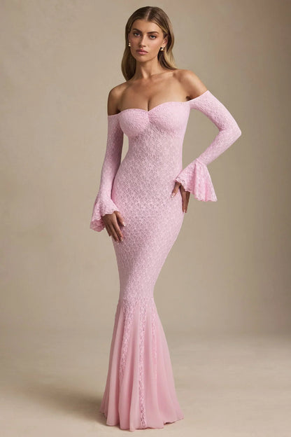 Off-Shoulder Ruffle Lace Maxi Dress in Soft Pink