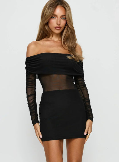 Admit One Long Sleeve Sheer Mini Dress Black