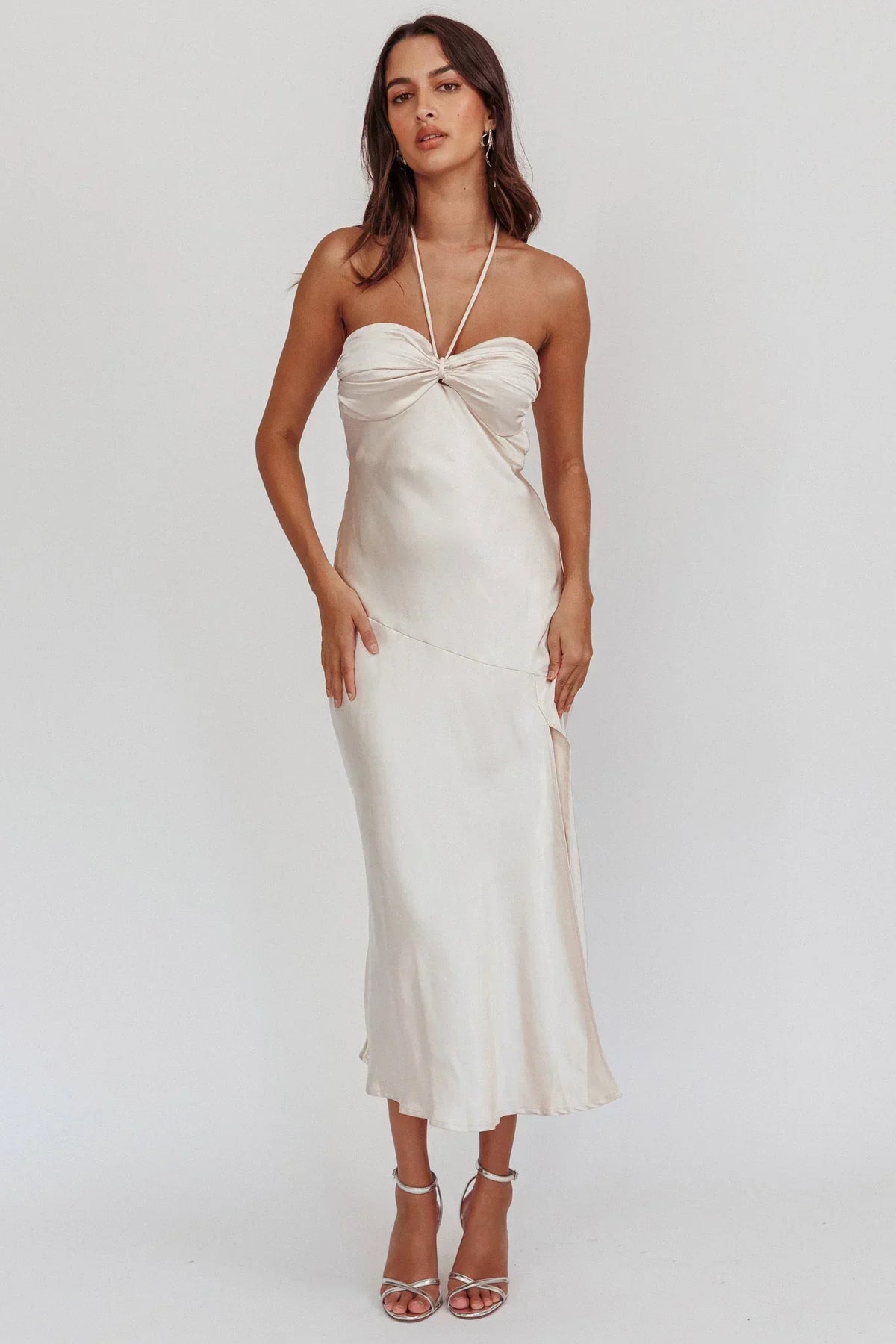 Kindred Spirit Strapless Gathered Bust Midi Dress Champagne