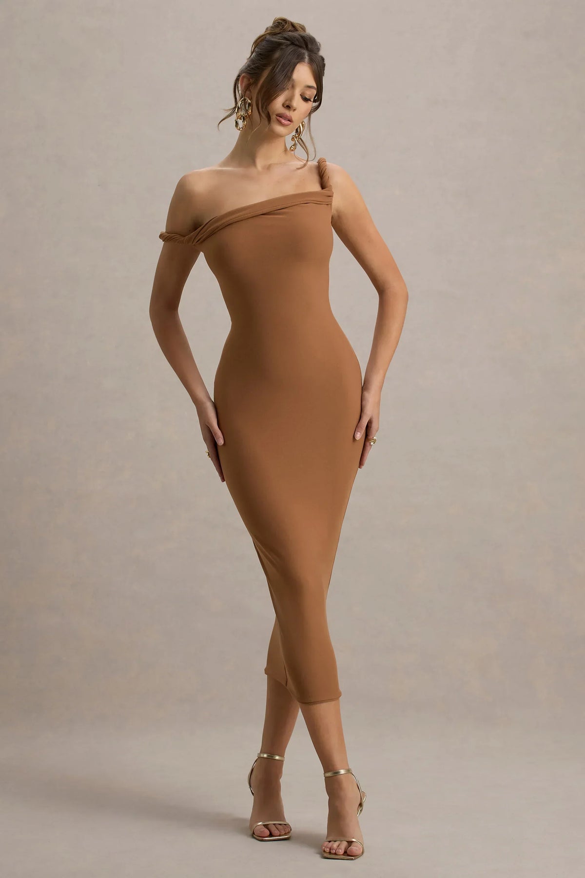 Salome | Brown Twisted Asymmetric Midi Dress
