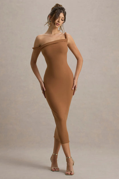 Salome | Brown Twisted Asymmetric Midi Dress