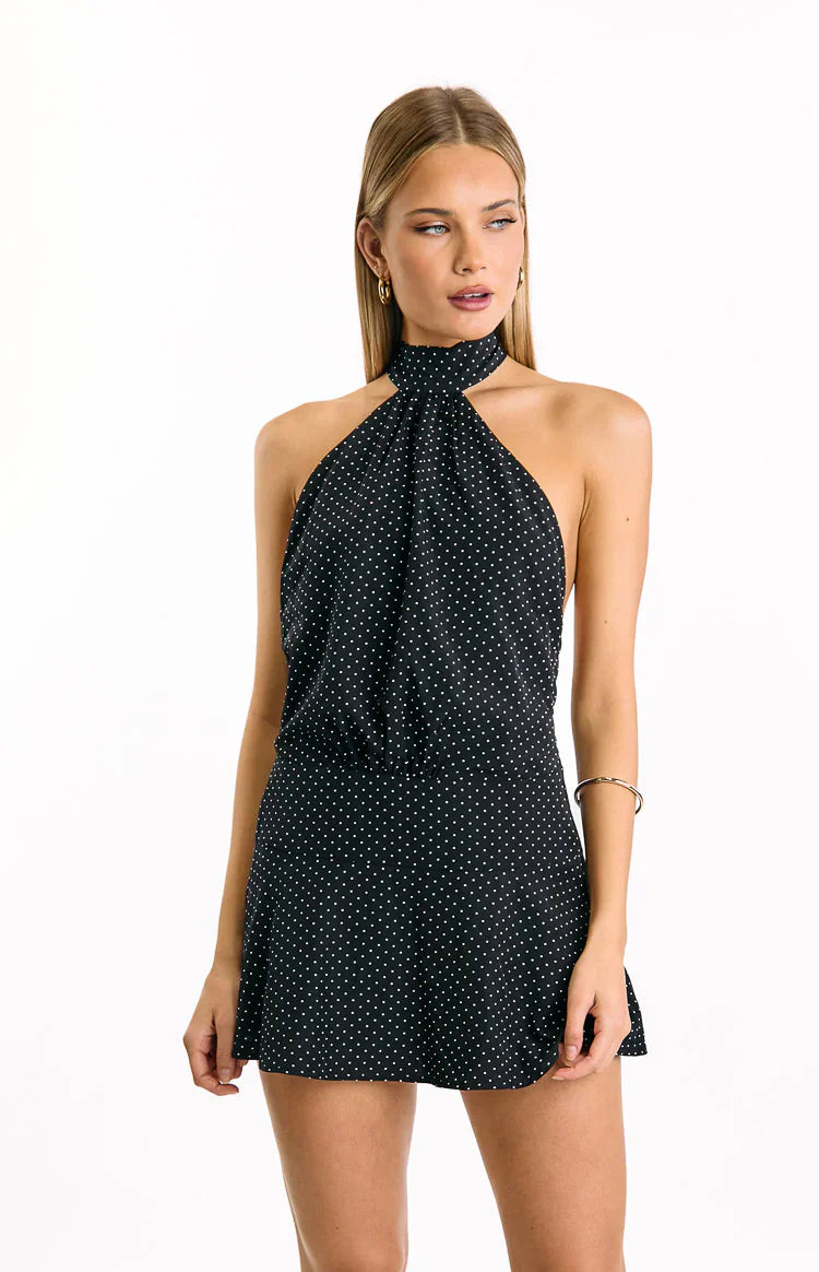 Bryan Black Polka Dot Halter Neck Mini Dress