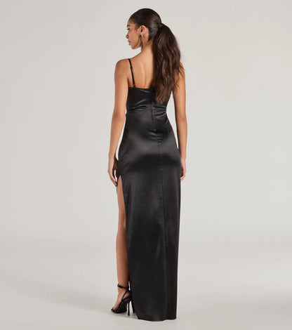 Iliana Cowl Neck High Slit Satin Column Dress