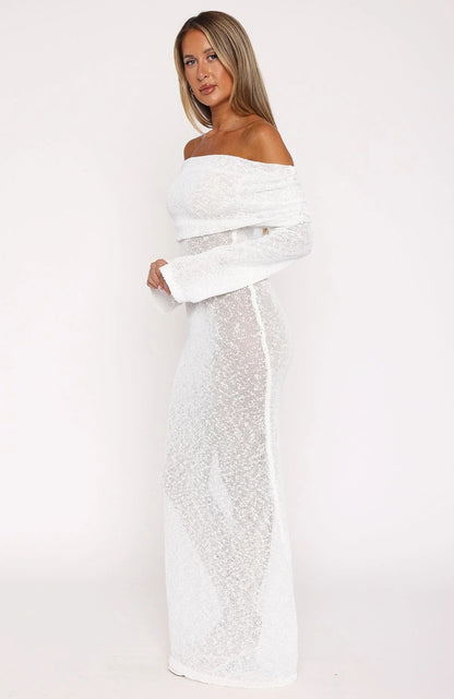Made It Out Long Sleeve Boucle Maxi Dress White