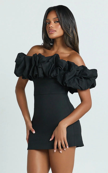 Coraline Mini Dress - Ruffle Off Shoulder Fitted Dress in Black