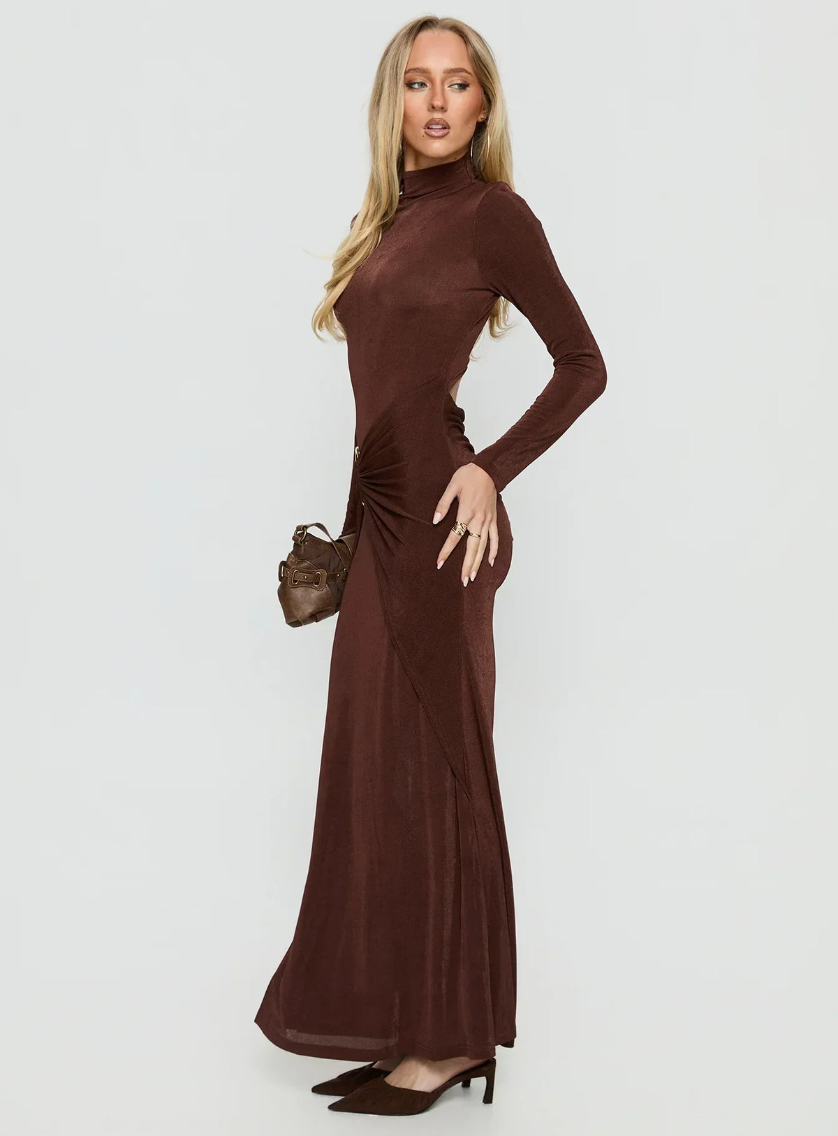 Yaqueline Long Sleeve Ruched Maxi Dress Chocolate