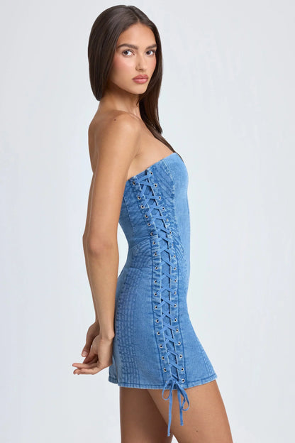 Bandeau Lace-Up Mini Dress in Mid Blue Stonewash