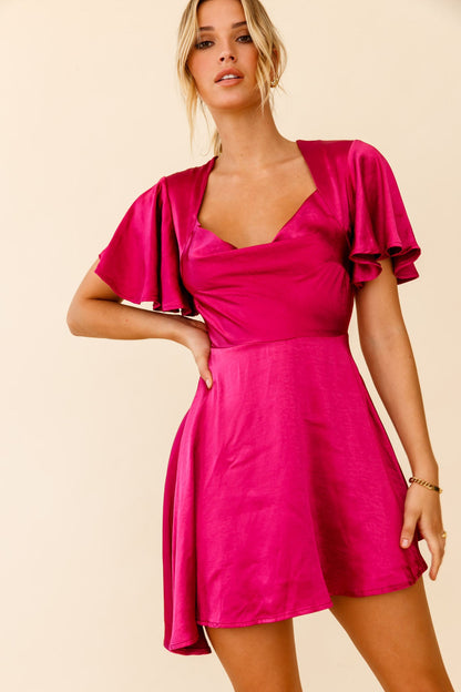 Sydney Angel Sleeve Cowl Neck Satin Dress Plum