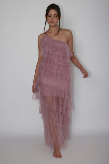 Arrabel Tiered Ruffle Tulle Maxi Dress Plum