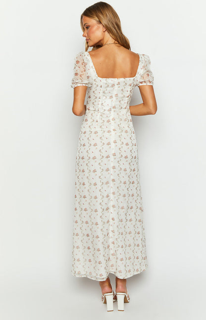 Clydie White Floral Cap Sleeve Midi Dress