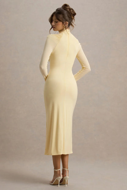 Cassandra | Pale Lemon High-Neck Long-Sleeve Midi Dress