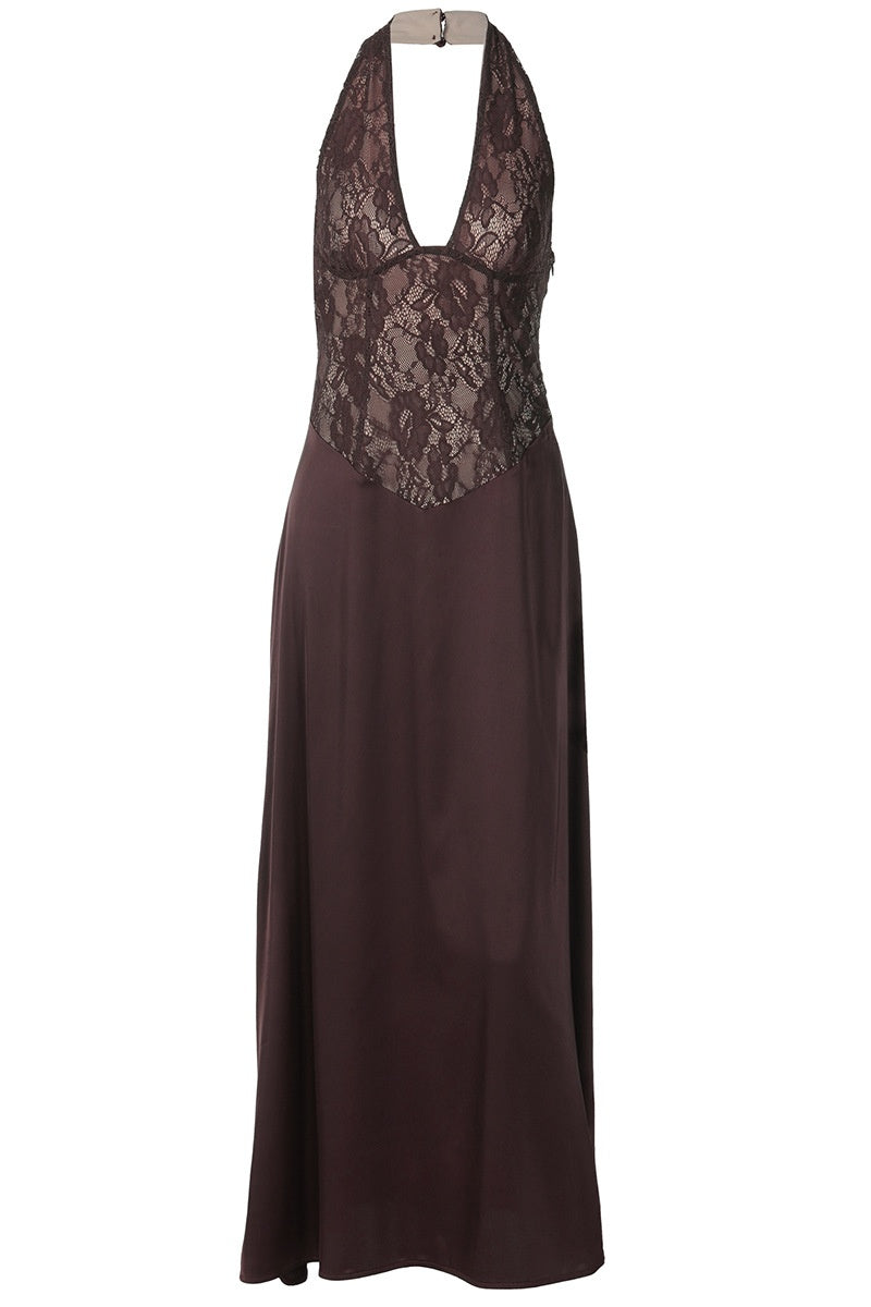 Halter Brown Lace Column Long Dress