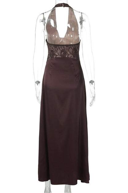 Halter Brown Lace Column Long Dress