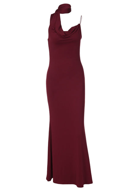 Halter Burgundy Cowl Neck Fitted Long Dress