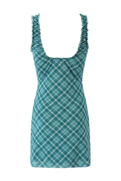 Green Ruched Straps Bow Stripe Skirt