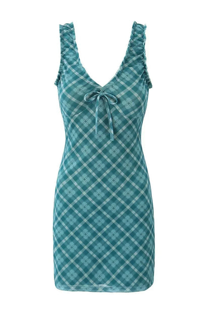 Green Ruched Straps Bow Stripe Skirt