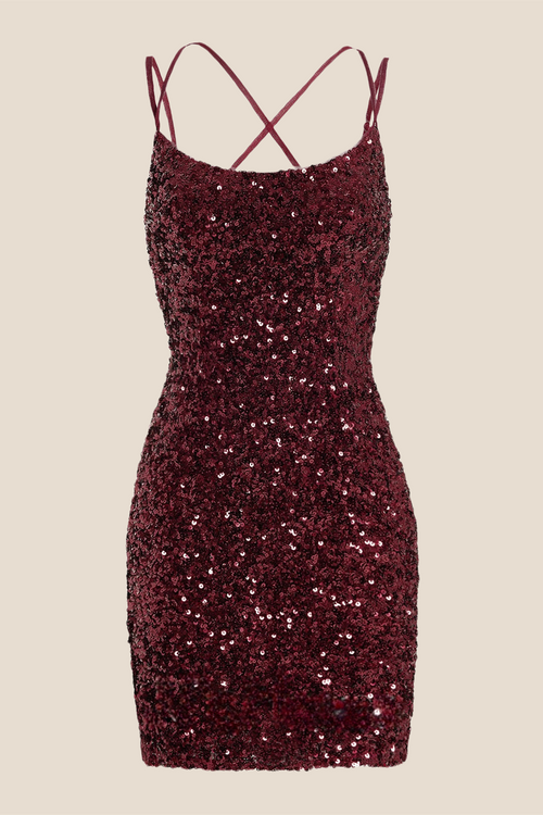 Double Straps Burgundy Sequin Short Dress