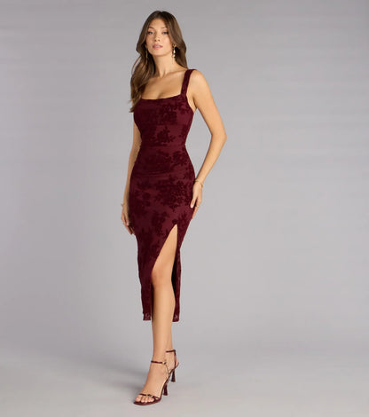 Emme Flocked Velvet Midi Formal Dress