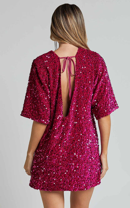Valetta Mini Dress - Sequin low back shift dress in Hot Pink