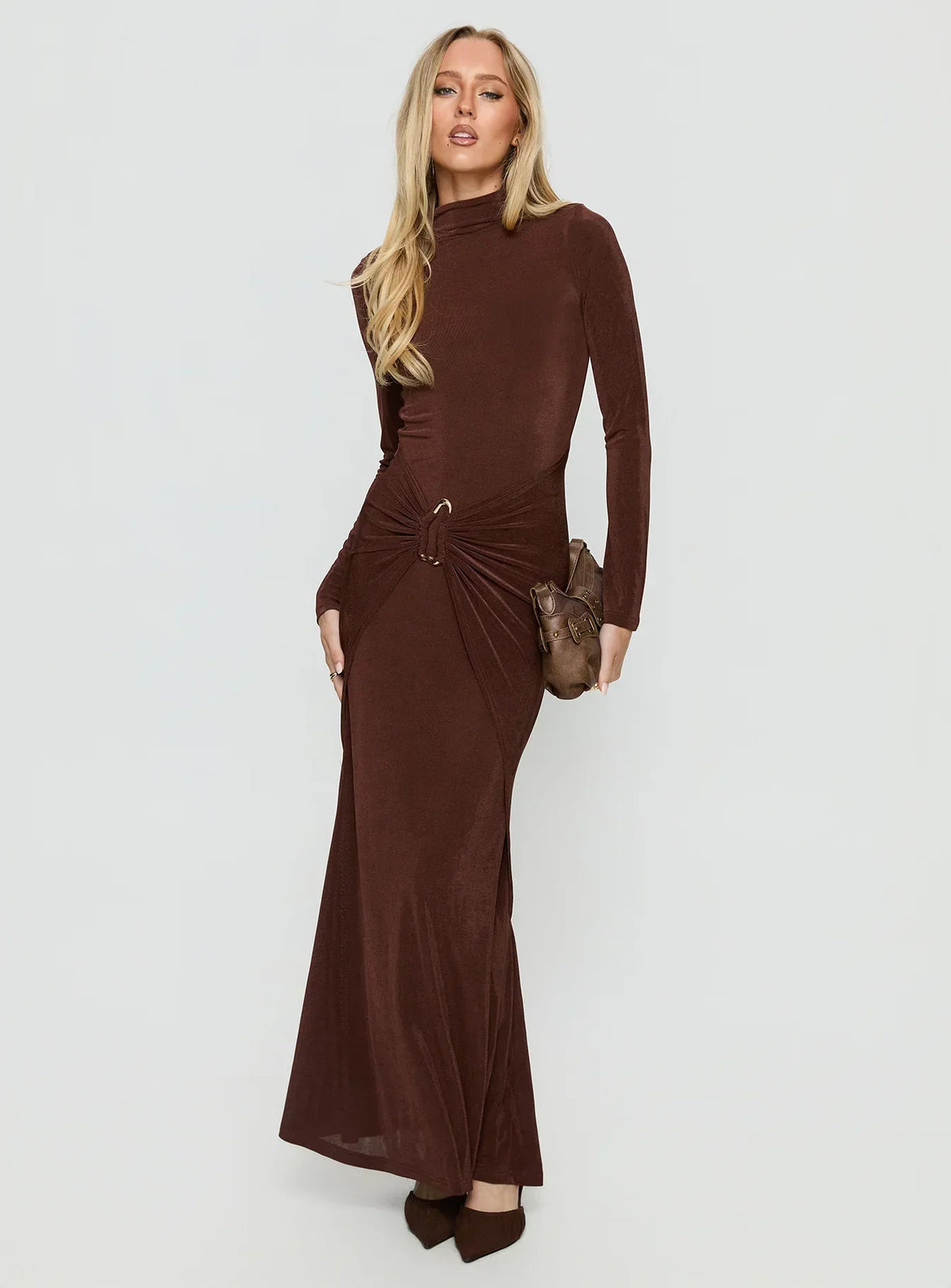 Yaqueline Long Sleeve Ruched Maxi Dress Chocolate