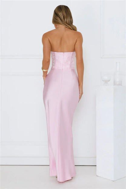 Dressed To Dazzle Strapless Satin Maxi Dress Pink