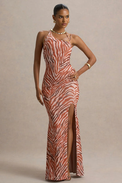 Florica | Zebra Print Mesh Asymmetric Maxi Dress With Split