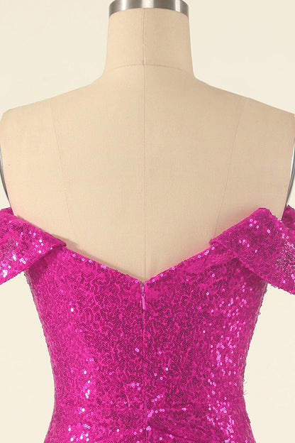 Fuchsia Off the Shoulder Sequin Party Mini Dress