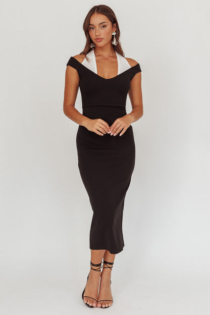 Tyla Contrast Mesh Halter Midi Dress Black
