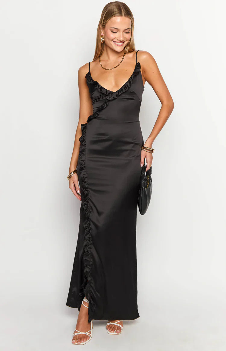 Nahanee Black Satin Ruffle Maxi Dress