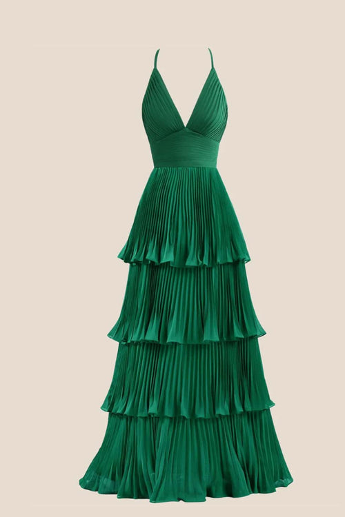 Emerald Green Pleated Empire Tiered A-line Party Dress