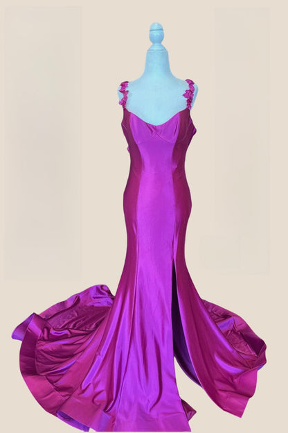 Flowers Straps Fuchsia Satin Mermaid Formal Dress