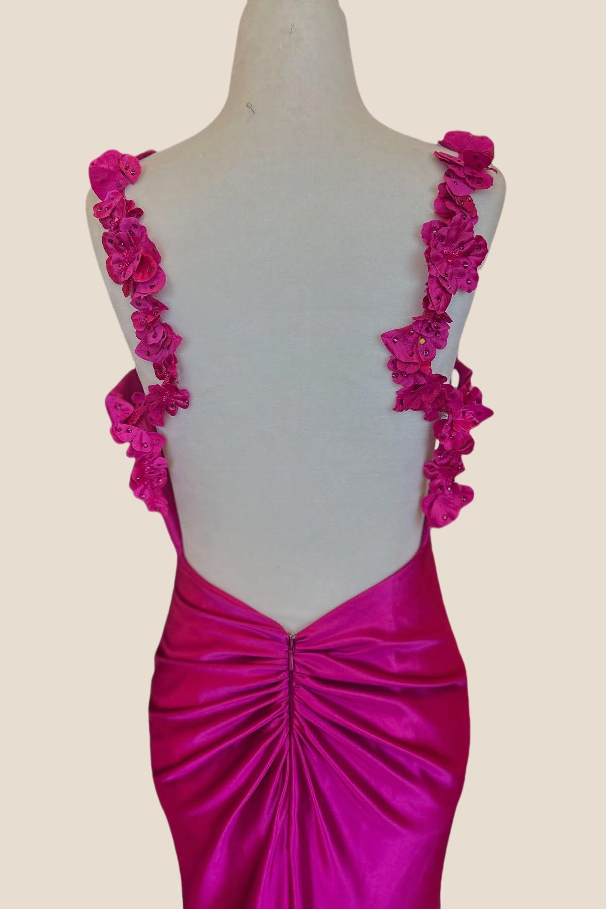 Flowers Straps Fuchsia Satin Mermaid Formal Dress