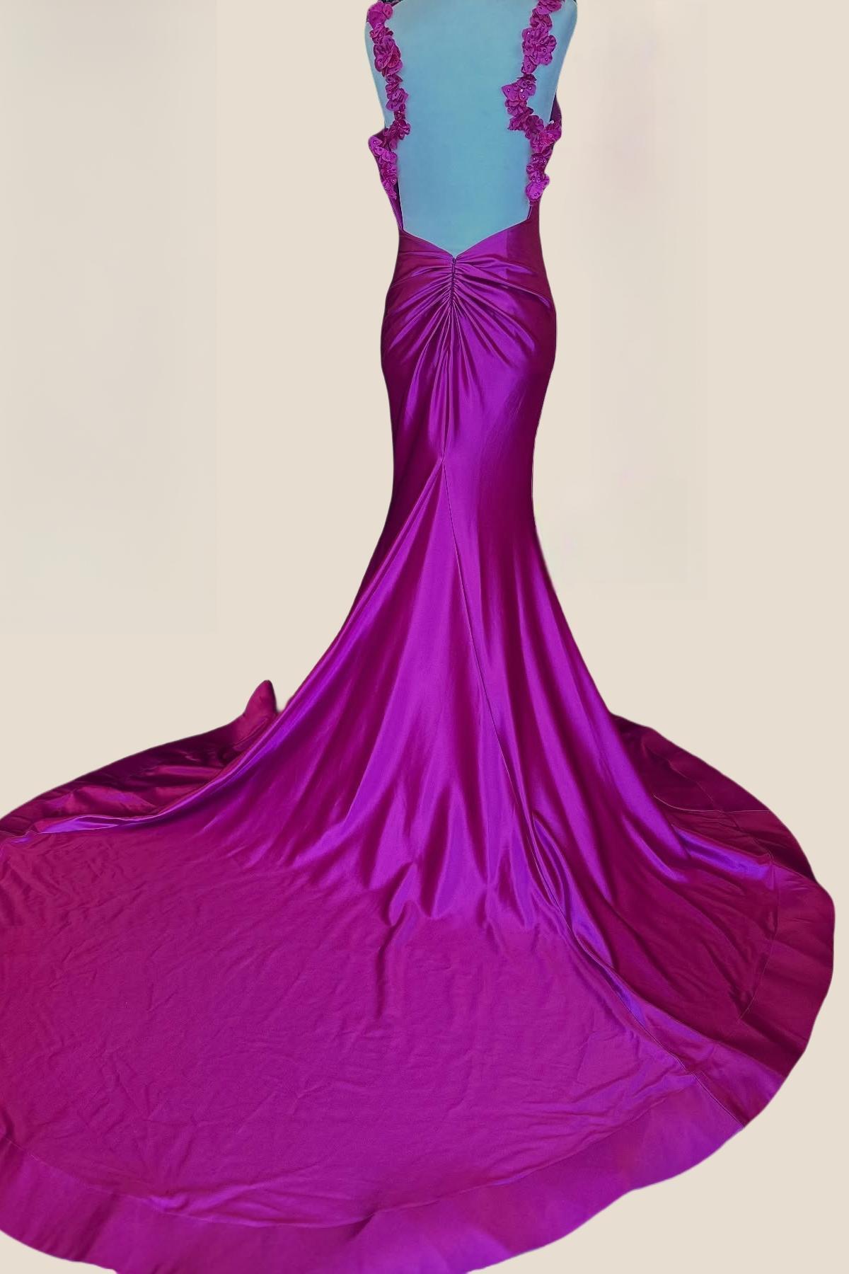 Flowers Straps Fuchsia Satin Mermaid Formal Dress