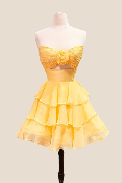 Strapless Green Pleated Tiered Short Dress with Rosette