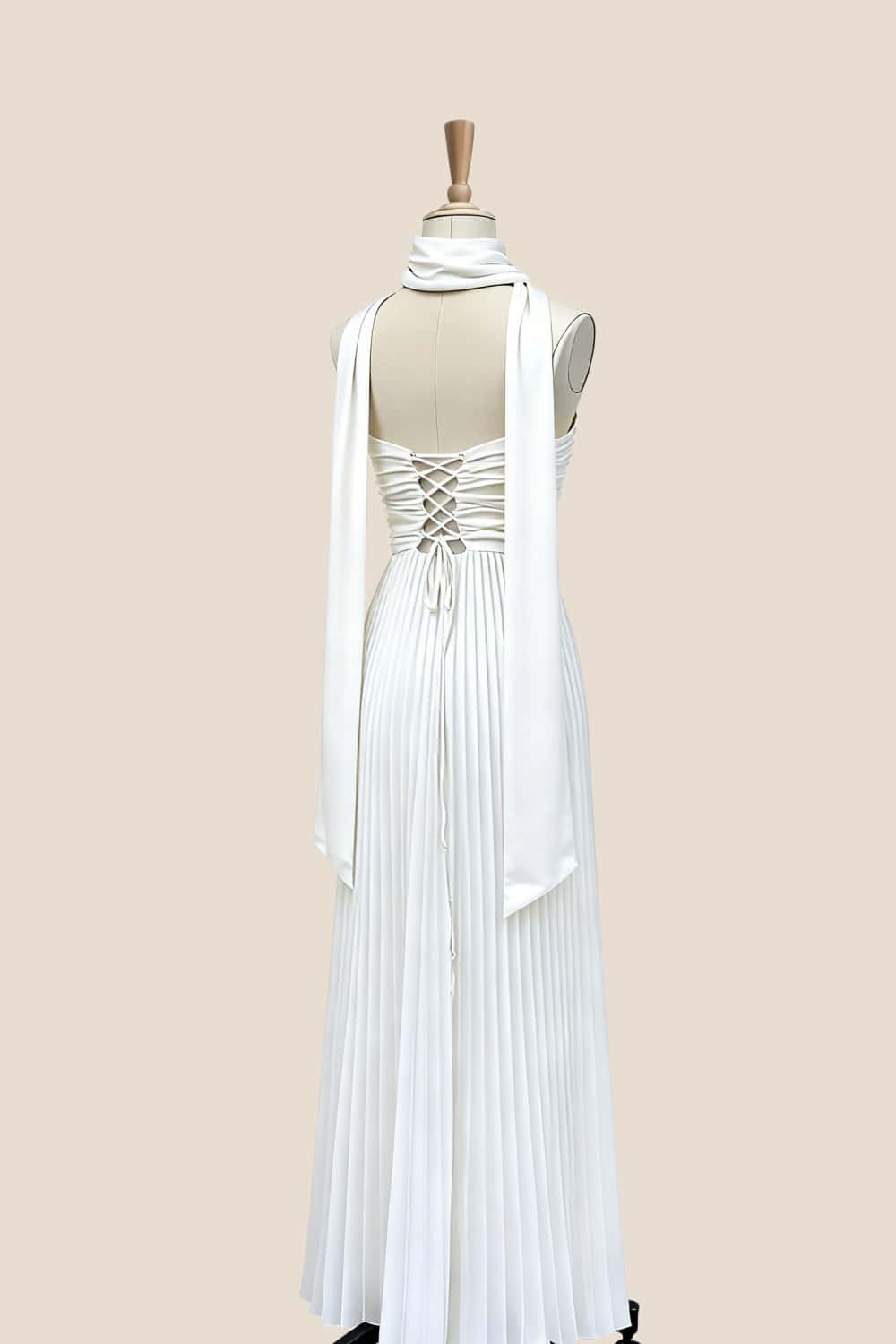 Empire White Pleated Maxi Scarf Dress
