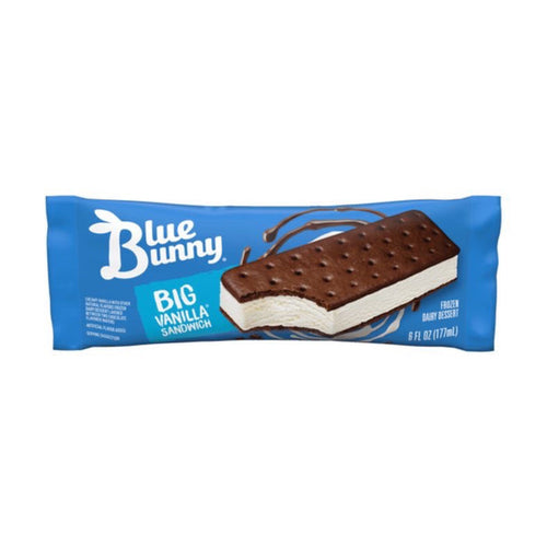 Blue Bunny Big Vanilla Ice Cream Sandwich pack featuring creamy vanilla between chocolate cookies, ideal for bulk ice cream lovers.