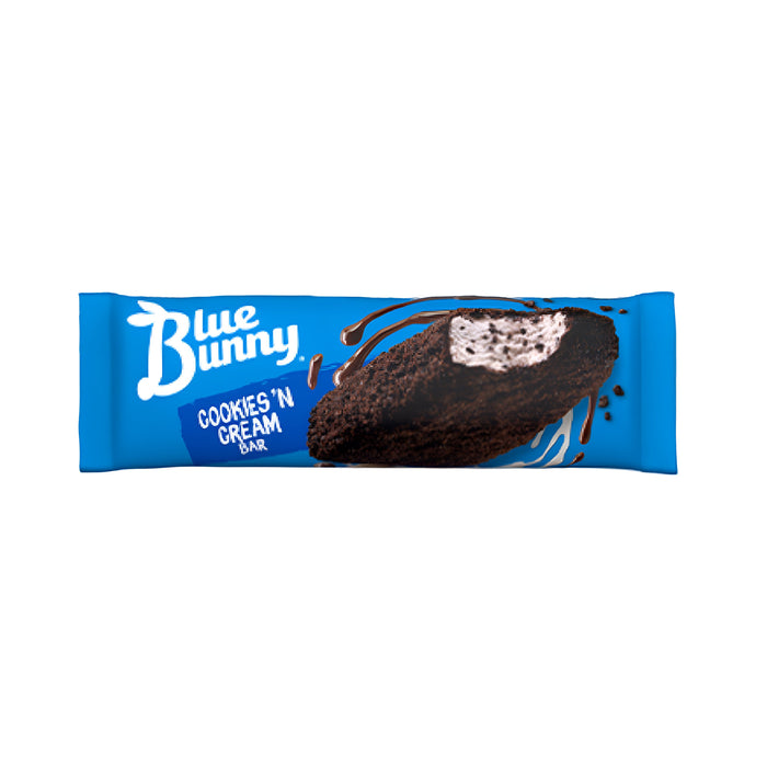 Blue Bunny Cookies & Cream Ice Cream Bar packaging showcasing creamy vanilla and crunchy cookie pieces, ideal for bulk ice cream lovers.