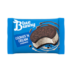 Blue Bunny Cookies & Cream Ice Cream Sandwich in packaging with chocolate cookie and vanilla ice cream, ideal for bulk ice cream lovers.