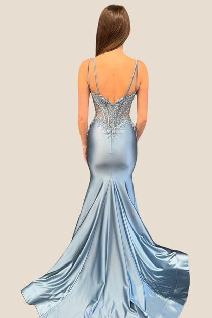Double Straps Dusty Blue Appliques Long Dress