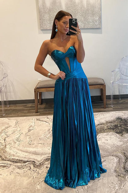 Double Twist Green Pleated Metallic Long Dress