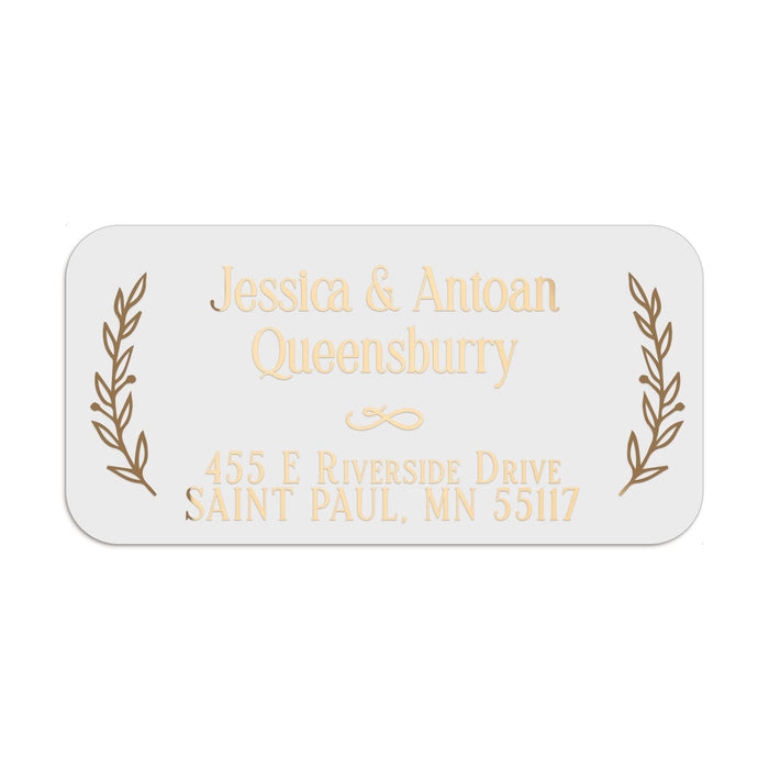 XOXOKristen rose gold foil address label with botanical laurel decoration, printed on white PVC vinyl, applied on blush pink stationery - XOXOKristen