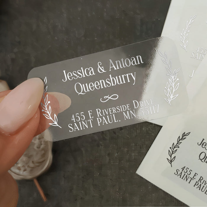 XOXOKristen silver foil return address label with botanical laurel branch design and serif fonts, printed on clear PVC vinyl for envelopes - XOXOKristen