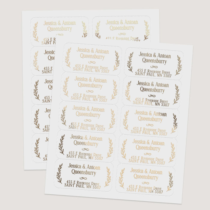 XOXOKristen sheet of personalized address labels with laurel leaf accents, available in black ink, gold foil, rose gold foil, and silver foil finishes - XOXOKristen