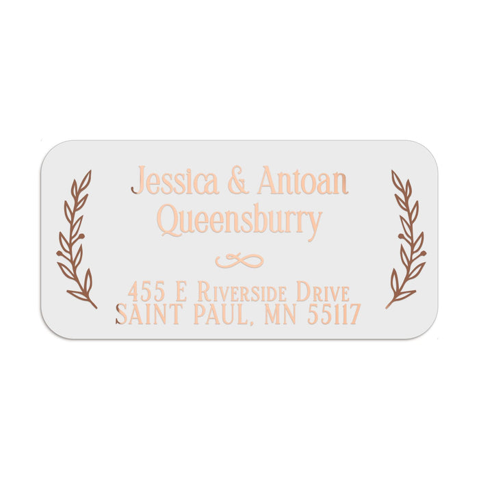 XOXOKristen personalized address label with botanical laurel borders and serif typography, printed in luxurious gold foil on white PVC vinyl - XOXOKristen