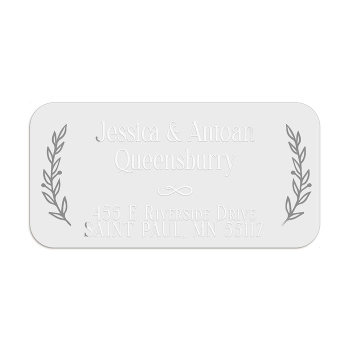 XOXOKristen return address label with laurel motifs and classic serif names, printed in modern rose gold foil on premium PVC vinyl - XOXOKristen